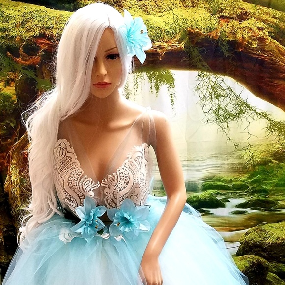 RACHEL Pale Ocean Blue Ivory Organza Wedding Gown